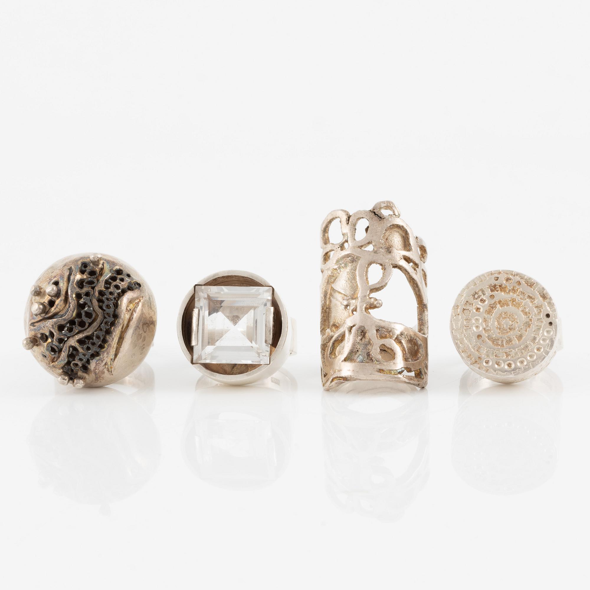 Lars Arby, four rings, sterling silver, Gothenburg 1964, 1967, 1971 and 1977.