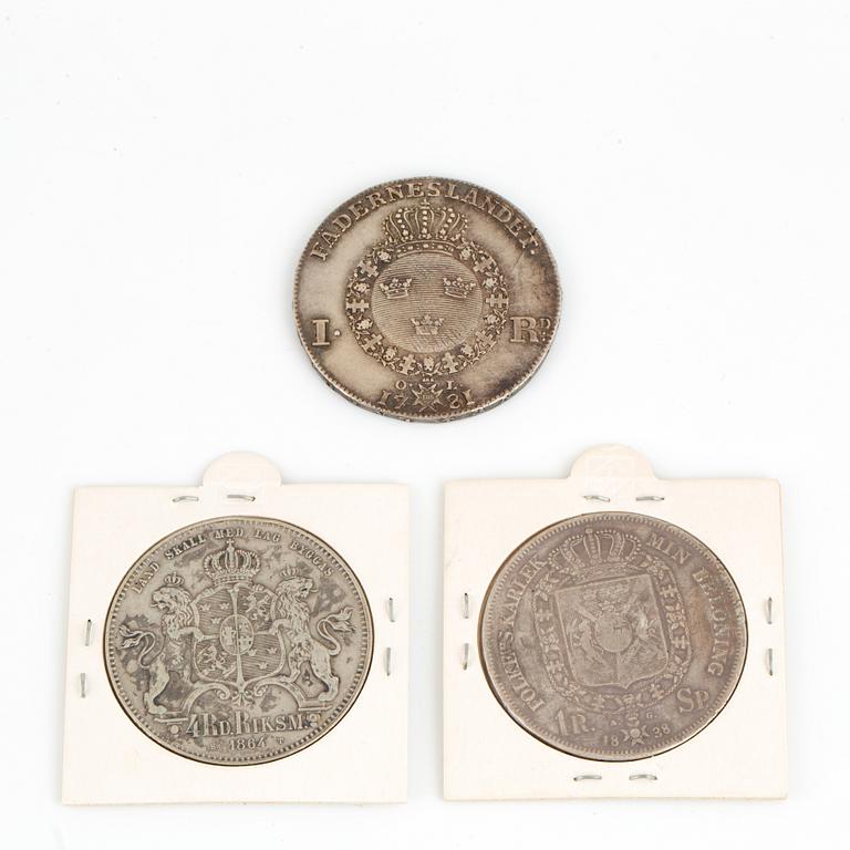 3 silver coins, Karl XIV JOHAN, GUSTAV III, KARL XV.
