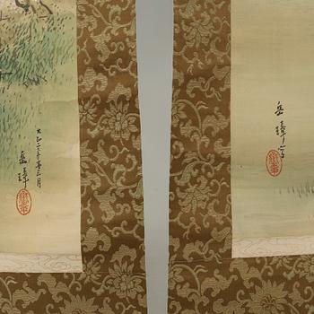 RULLMÅLNINGAR, 2 st, siden på papper, Japan, 1900-tal, bär signatur.