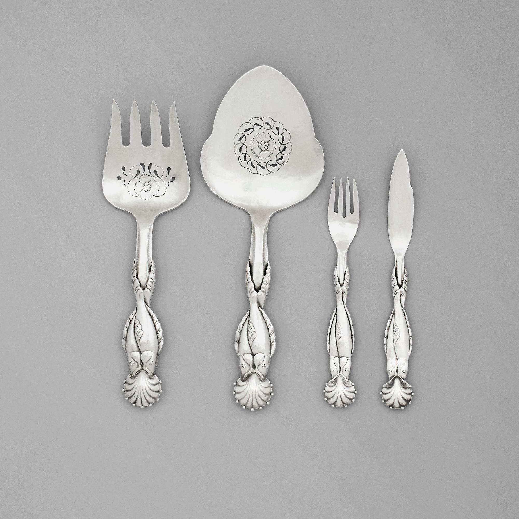 Georg Jensen, fiskbestick, 24 st med serveringsbestick, ett par, Köpenhamn, ca 1919-27,