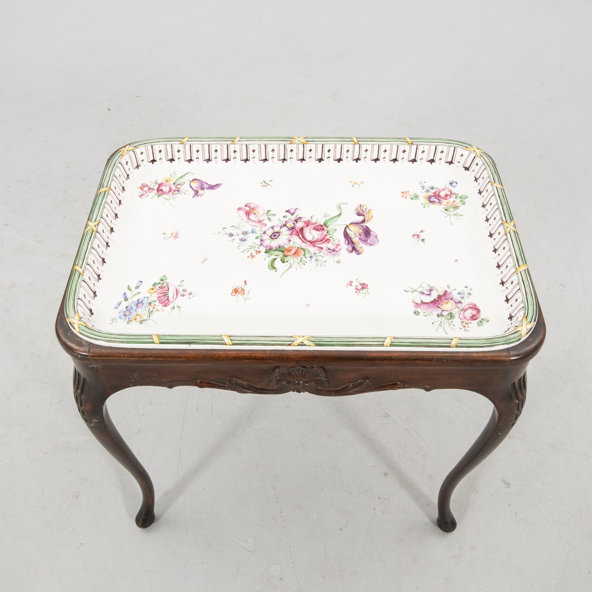 Rococo-style tea table signed and dated Rörstrand 1918 porcelain.