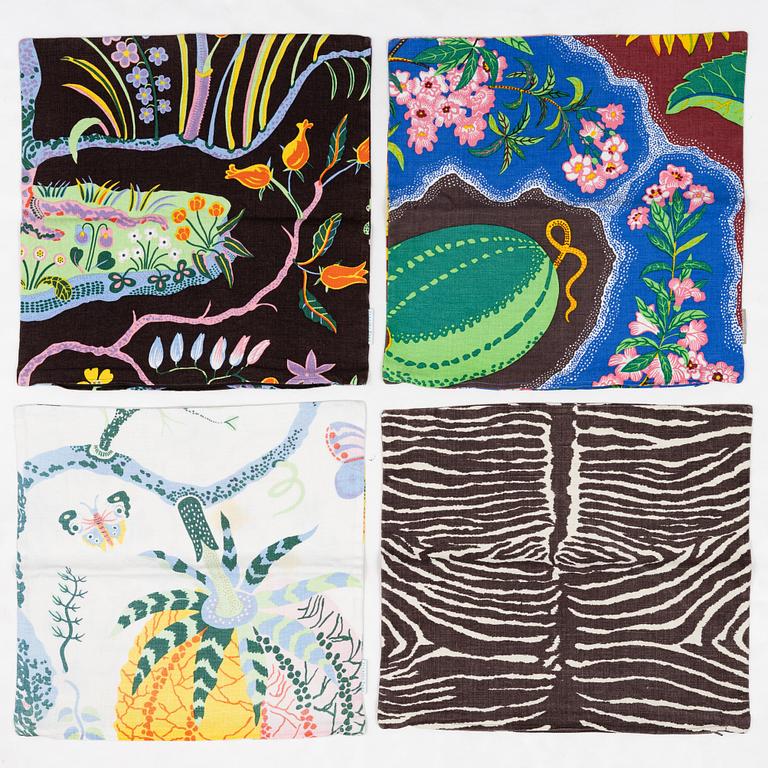 Josef Frank, three pillow cases from Firma Svenskt Tenn, Sweden, and one "le zebre" by Brunschwig & Fils.