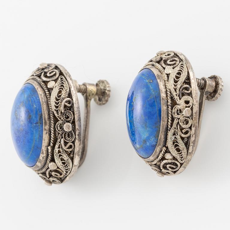 Necklace and earrings, silver with lapis lazuli.