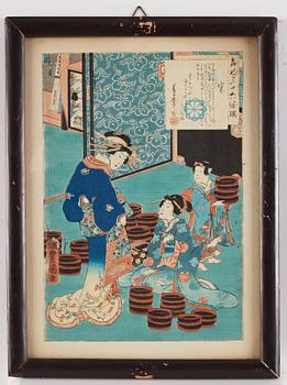 Utagawa Kunisada, four colour woodblock prints, Japan, c. 1850-60.