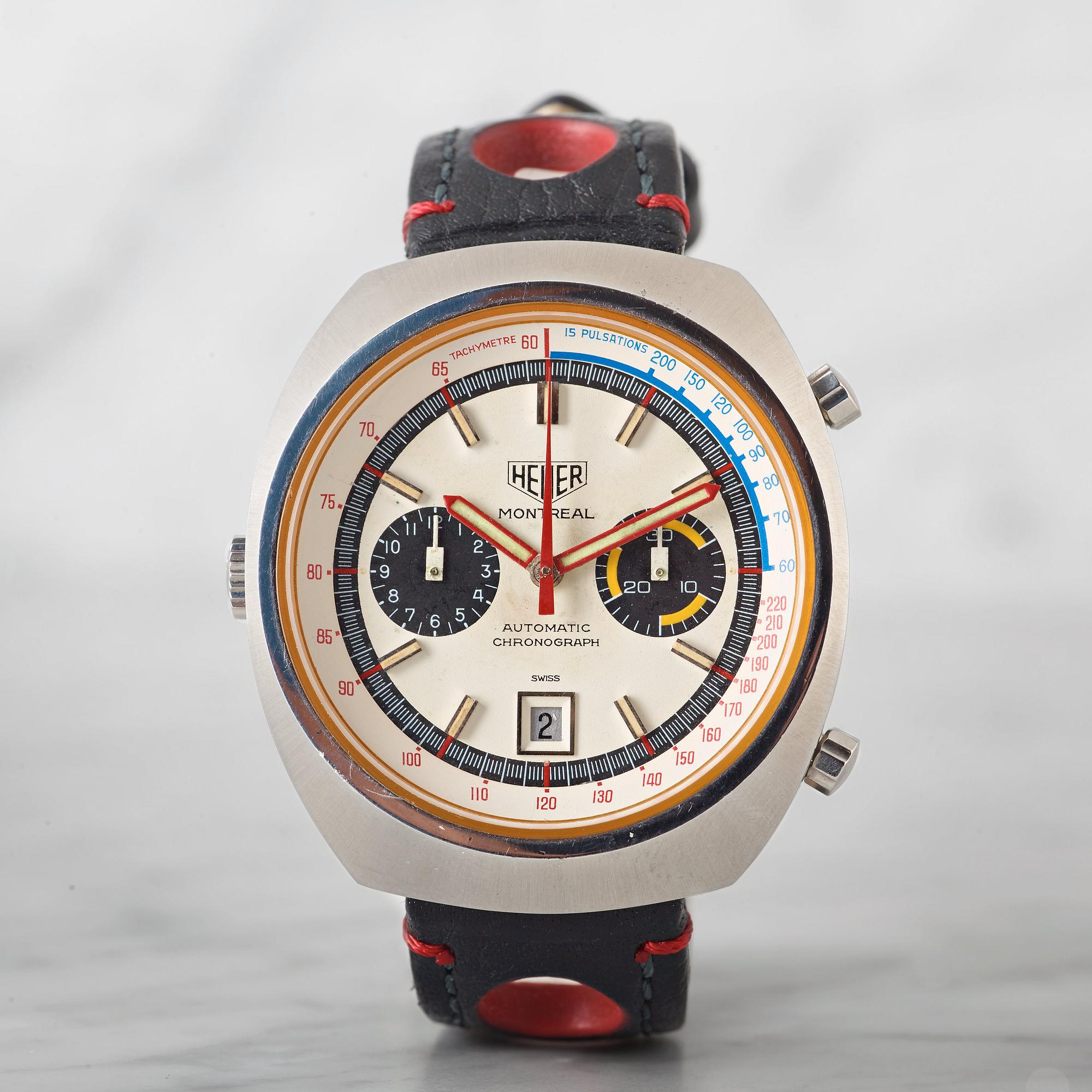 HEUER, Montreal, "Tachymetre, Pulsations", chronograph, wristwatch, 42 x 48 mm.