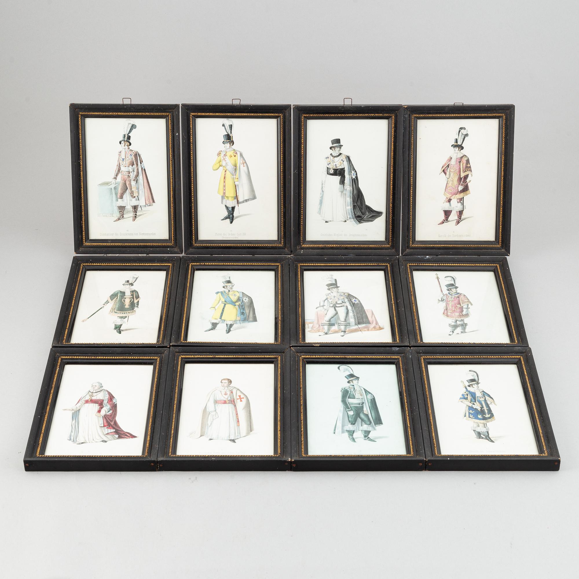 A set of twelwe hand-coloured litographs of Swedish chivalric orders by Adolf Ulrik Schützercrantz.