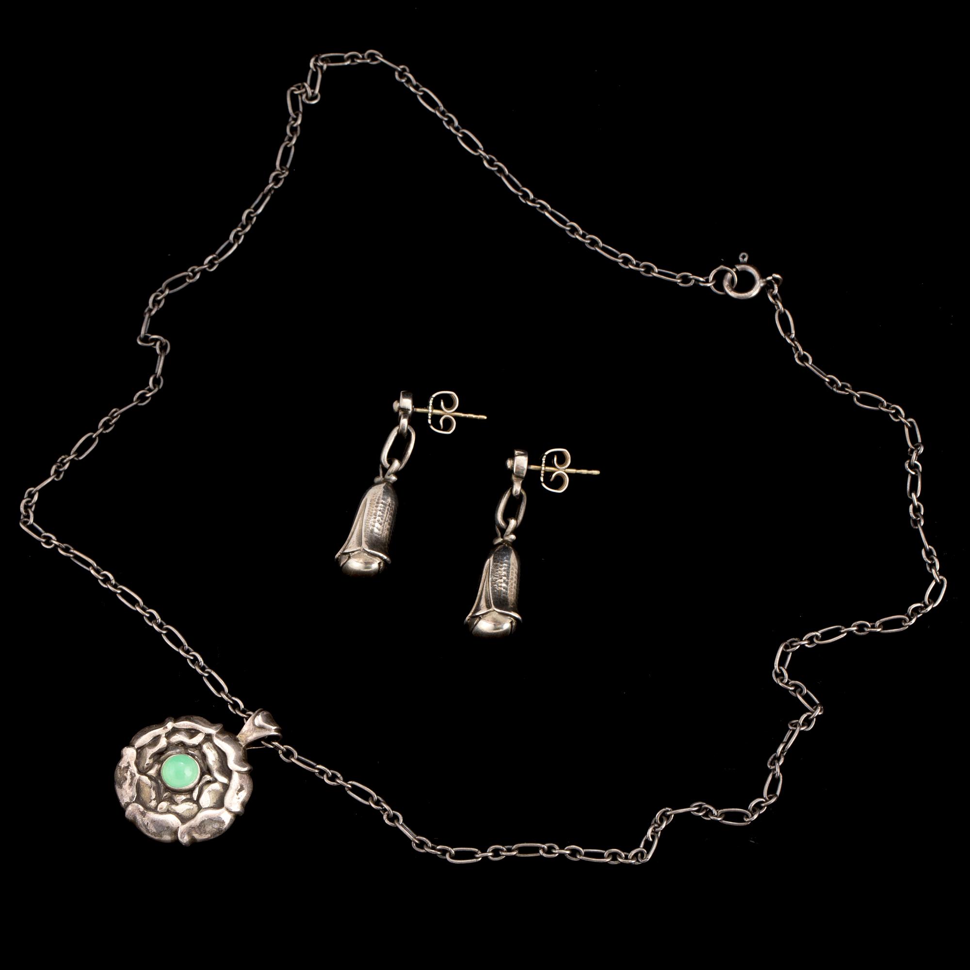 GEORG JENSEN, pendant and pair of earrings, sterling silver, late 20th century.