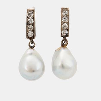 826. A pair of 18K white gold earrings set with drop formed pearls and eight-cut diamonds.