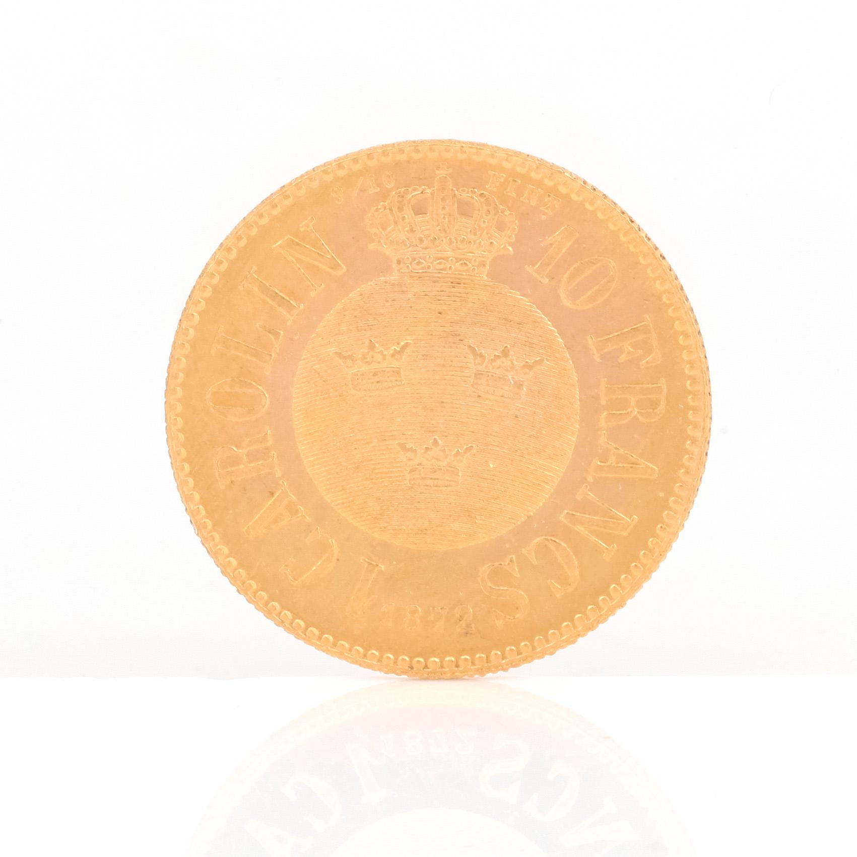 GULDMYNT, Carolin/10 Francs, Karl XV av Sverige och Norge, 1872. Vikt ca 3 gram.