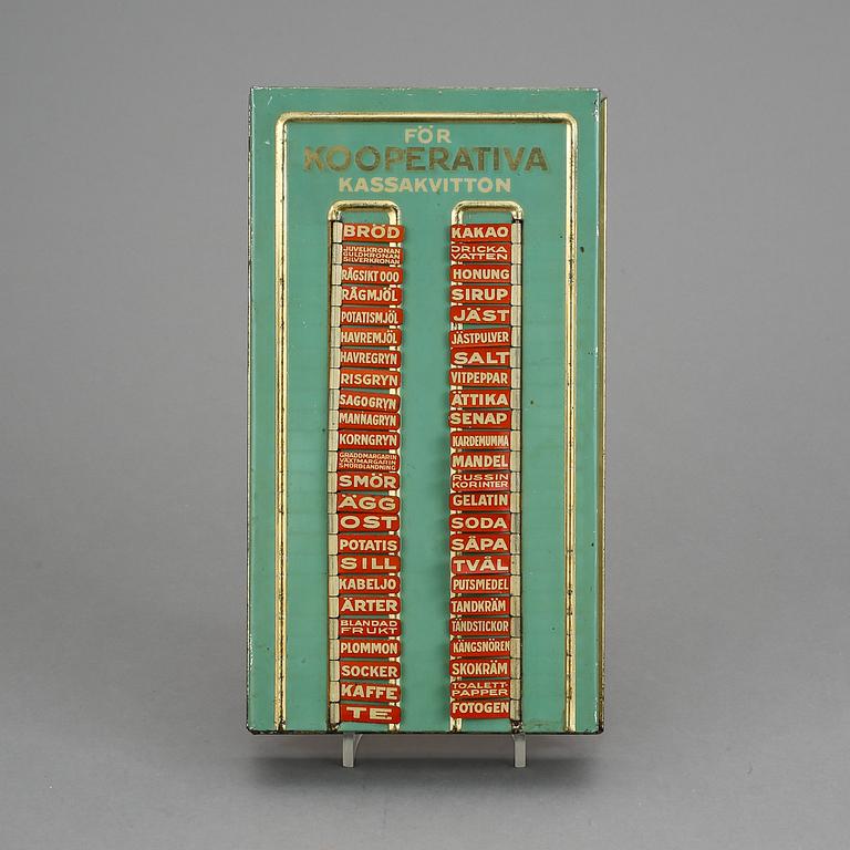 INKÖPSTAVLA TILL HUSHÅLLET, plåt, 1930/40-tal.