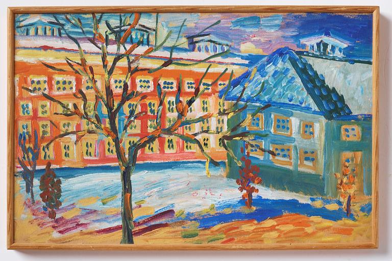 Ester Henning, oil on paper panel, indistinctly signed with monogram in red.