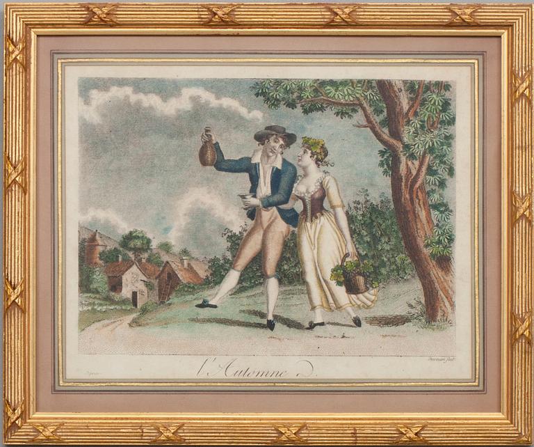 GRAVYRER, 4 st, kolorerade, Frankrike tidigt 1800-tal.
