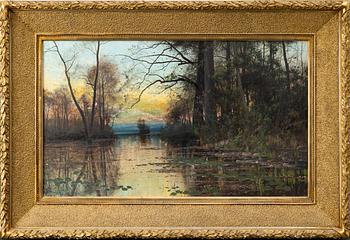 Arvid Mauritz Lindström, Twilight over the bay with water lilies.