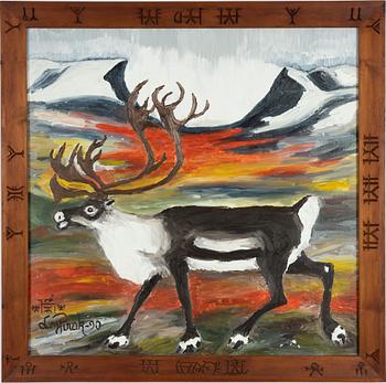 Lars Pirak, oil painting. Reindeer in landscape.