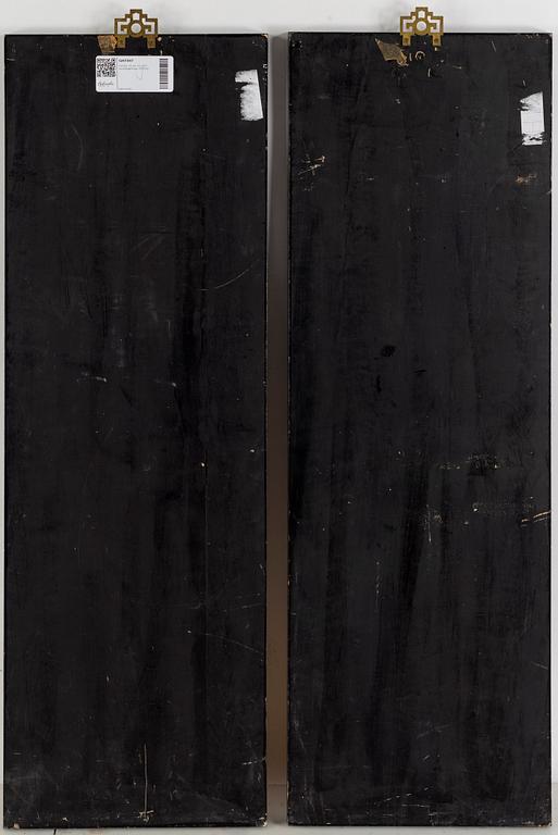 A pair of Chinese wooden panels with stone inlays.