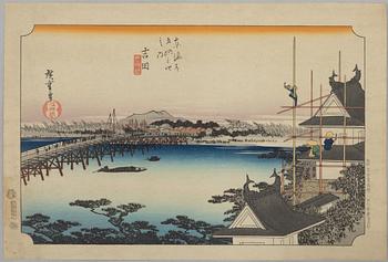 Ando Utagawa Hiroshige, after, three prints from "The Fifty-Three Stations of the Tōkaidō".