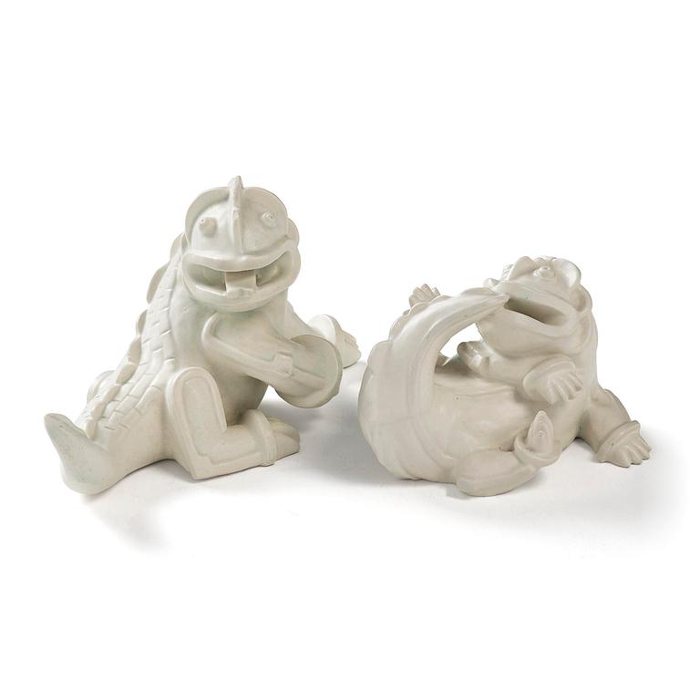 Wilhelm Kåge, a set of two stoneware sculptures of dragon puppies, Gustavsberg, 1940s.