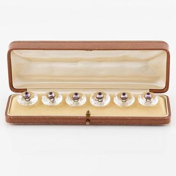 Buttons, 6 pcs, silver with faceted rock crystal and cabochon-cut amethysts.