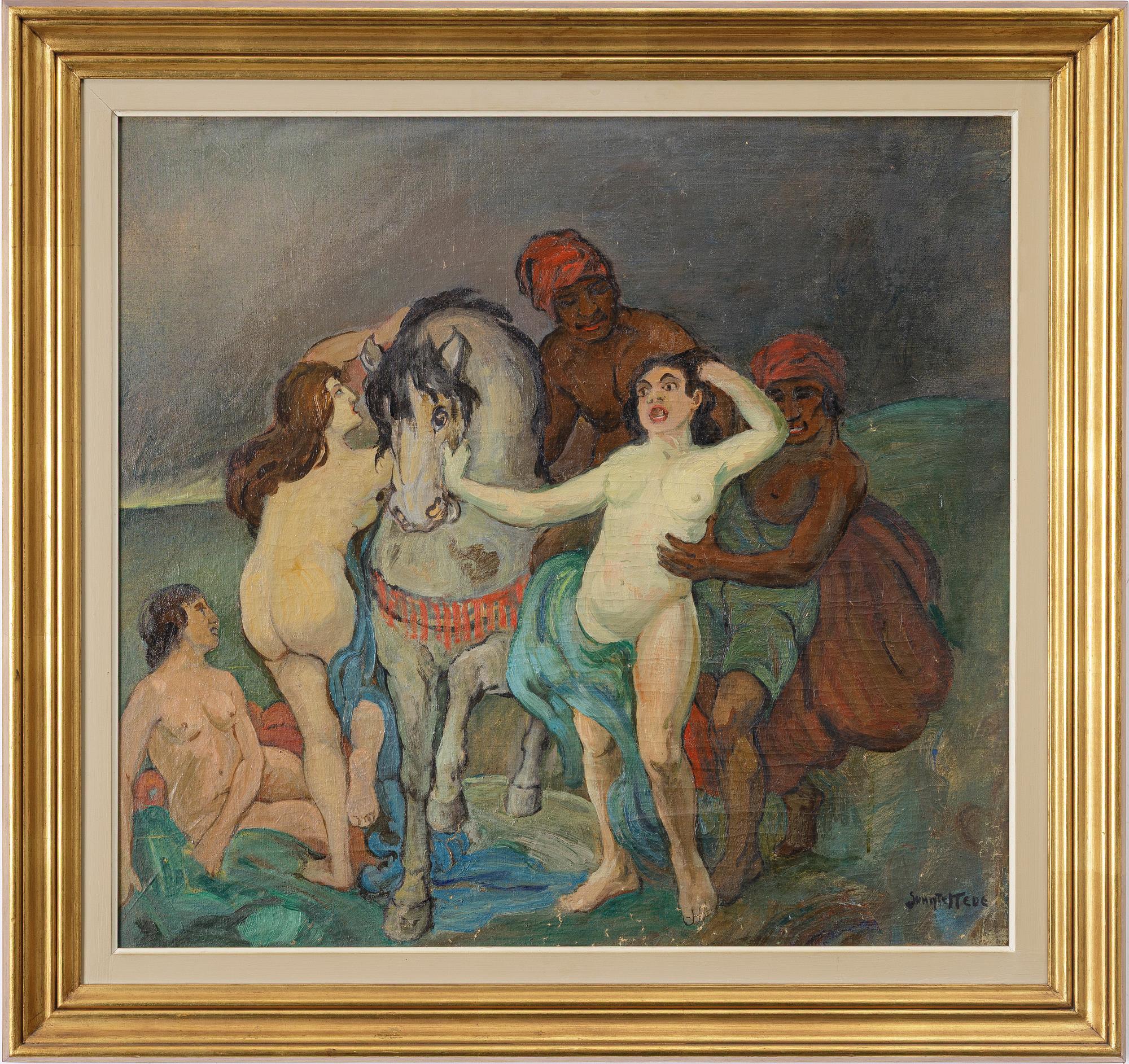 Figure scene with horse.