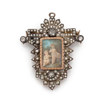 An early 19th century brooch/pendant set with a miniature surrounded by old-cut diamonds and fresh-water pearls.