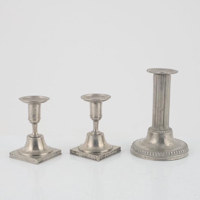 Nikolas Justelius and Nils Erik Justelius, three pewter candle holders, Eksjö, 1791-1851.