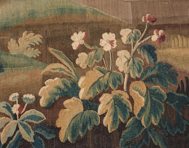 VÄVD TAPET, gobelängteknik. Landskap med nunna. 244,5 x 232,5 cm. Flandern omkring 1700.