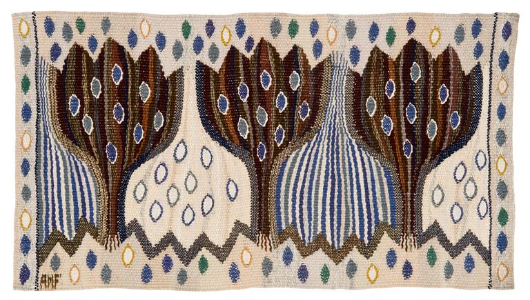 VÄVNAD. "Blå Crocus". Gobelängvariant. 32 x 58,5 cm. Signerad AMF (Ann-Mari Forsberg, född Lindbom, Märta Måås-Fjetterström AB).
