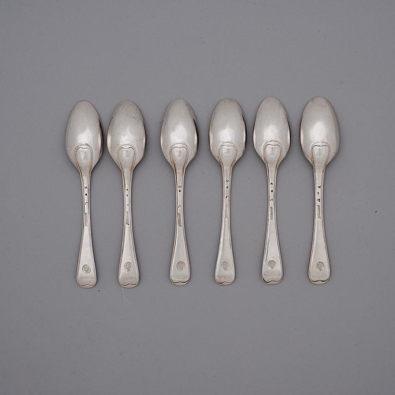 A set of six Swedish 18th century silver dessert-spoons, marks of Berndt Johan Frodelius, Stockholm 1776 and 1777.