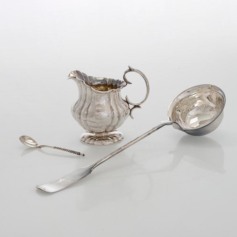 Gräddsnäcka, sked och soppslev, silver, Viborg och Fredrikshamn, 1866-1892.