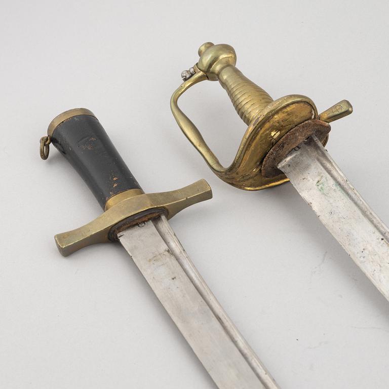 Two cutlasses, Swedish, m/1856 and m/1748-1856, with sheath.