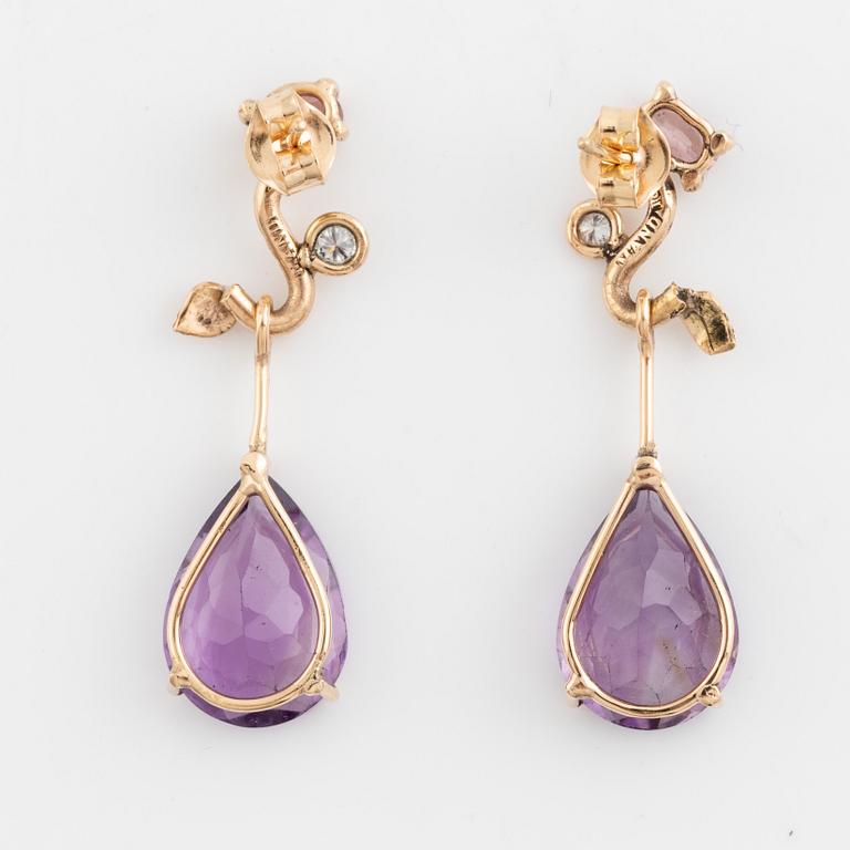Pear shaped amethyst, pink tourmaline and brilliant cut diamond earrings.