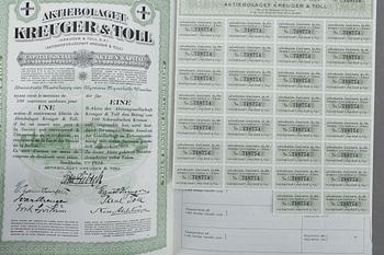 PARTI BÖRSMEMORABILIA, etsningar, 7 st samt aktiebrev från Kreuger & Toll.