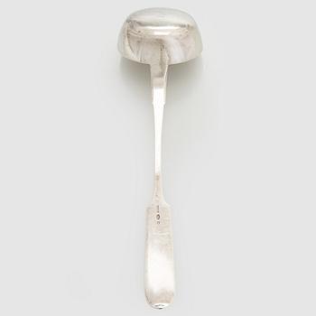 A silver soup ladle, Egor Pankratev, for C. P. Burg, St. Petersburg 1908-26.