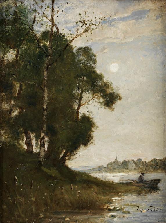 Reinhold Norstedt, Månskenslandskap med fiskare i en båt intill en strand; i bakgrunden en by.