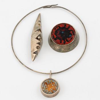 Lars Arby, two brooches and a necklace, sterling silver and enamel, Gothenburg.