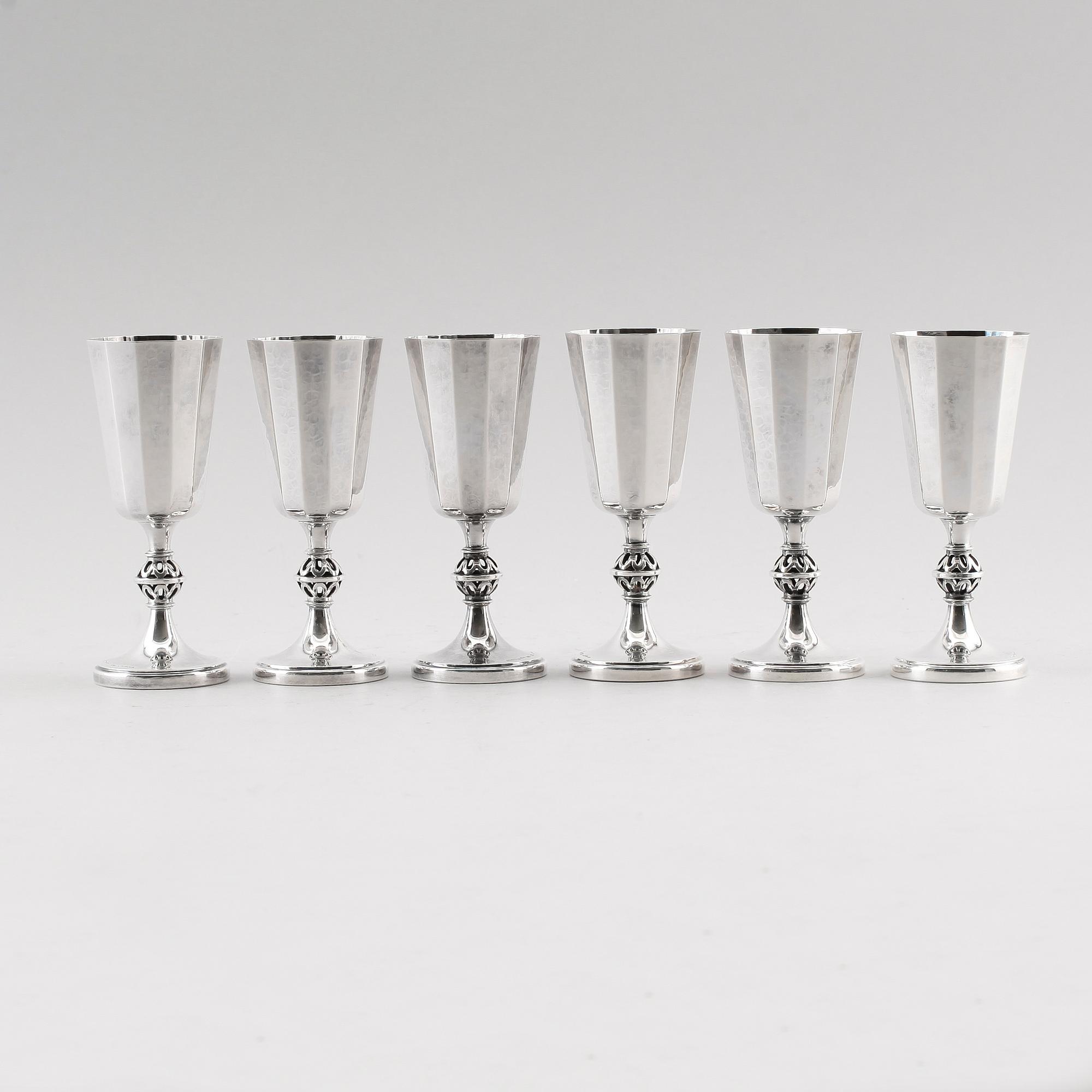SNAPSGLAS, 6 st, silver, Löfman, MGAB, Uppsala 1976. Total vikt ca 286 g.