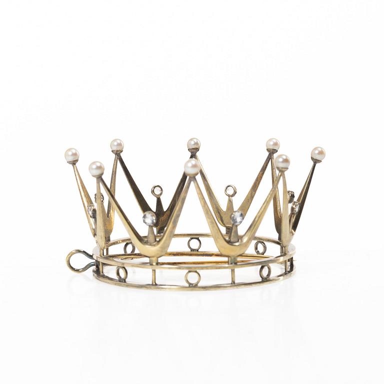 Bridal crown, gilt-silver with pearls and synthetic stones, mark of KE Carlsson, Gothenburg 1964.