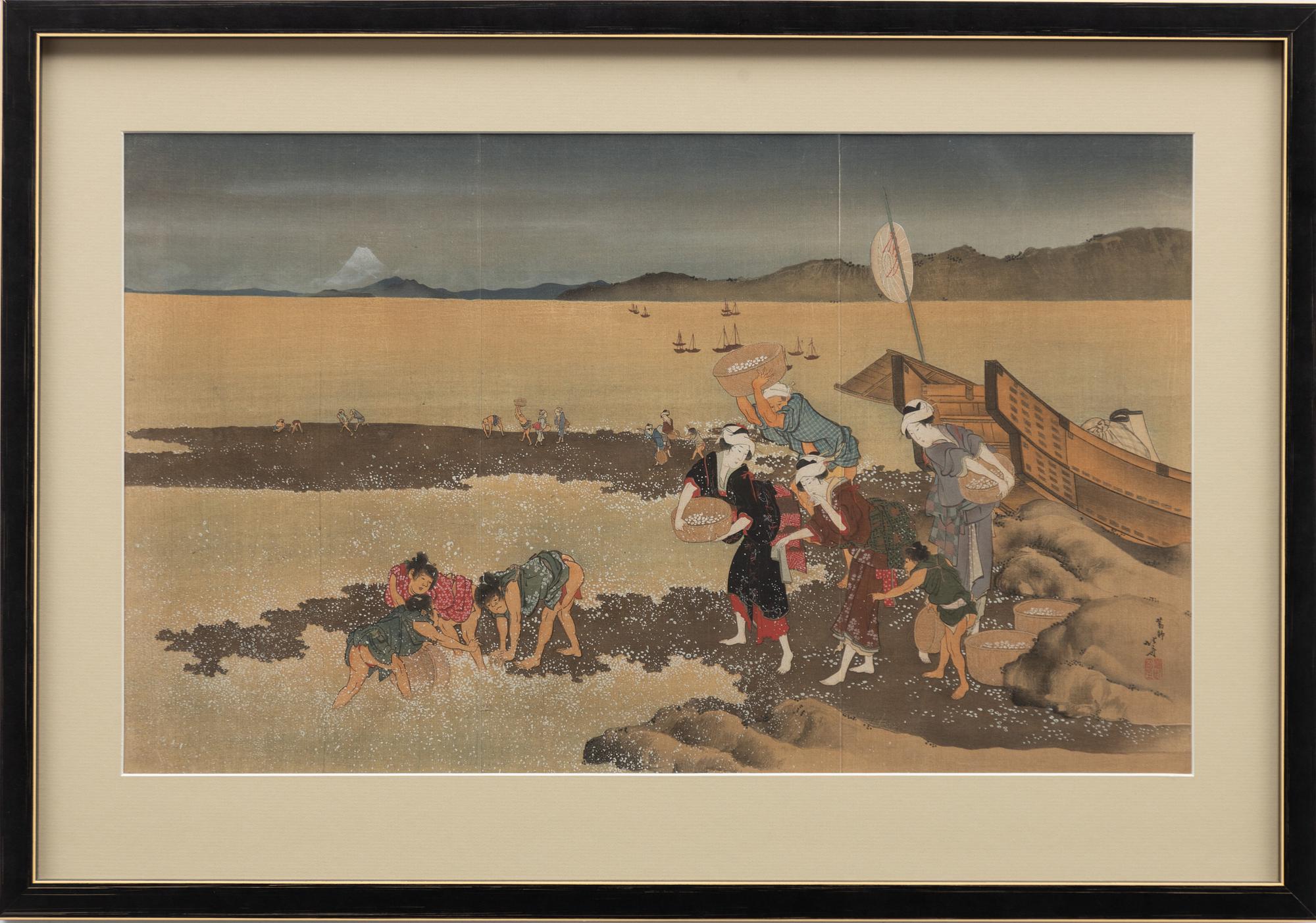 Katsushika Hokusai, efter, färgträsnitt på textil, "Shell Gathering", Japan, 1900-tal.