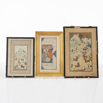 Manuscript pages/paintings, three pieces, Persia/Iran, late Qajar dynasty / early 20th century.