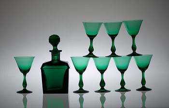 413. A set of eight glasses and a decanter, 20th Century.