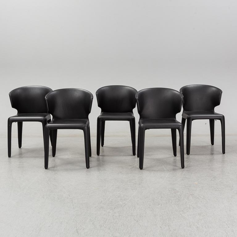 A set of five Hannes Wettstein 'Hola' black leather chairs, model 367, Cassina, Italy.