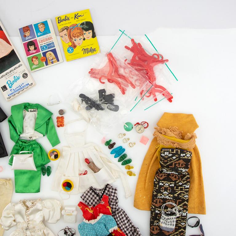 Barbie wardrobe along with clothes and accessories, 1960s, including "Theatre date" 1964.