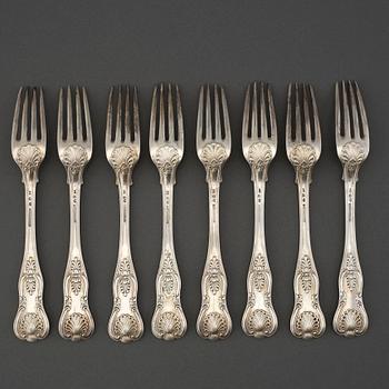 A set of 8 silver forks by Gustaf Möllenborg, Stockholm 1844.