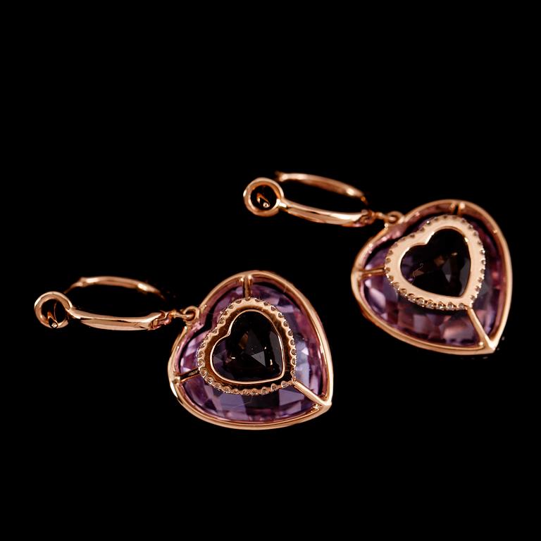 ÖRHÄNGEN, 1 par, 18 k roséguld, ametister totalt 16.29 ct, briljanter totalt 0.56 ct.