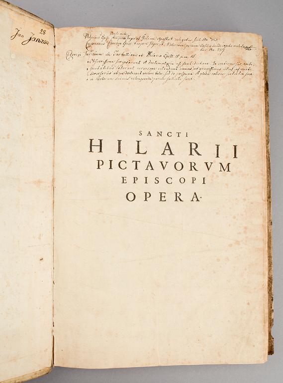 BÖCKER, 2 sambundna, "Sancti Hilarii pictavorum...opera" resp "S. Caecilii Cypriani Carthaginiensis...", Köln 1617.
