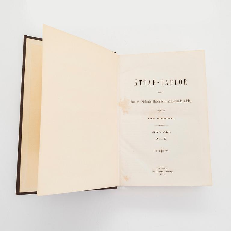 Bokverk, "Ättar-taflor", volym I-II, A-Ö,   Oskar Wasastjerna, Borgå 1879-1880.