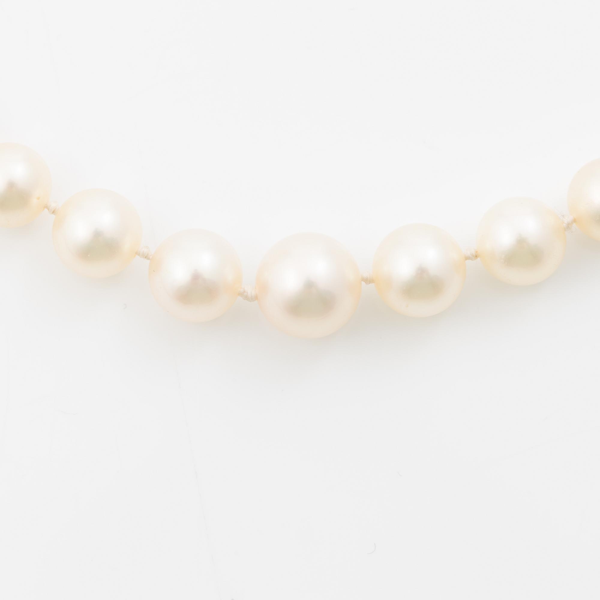 Necklace, with graduated cultured pearls, clasp in 9K gold with English hallmarks from Birmingham, set with a ruby.