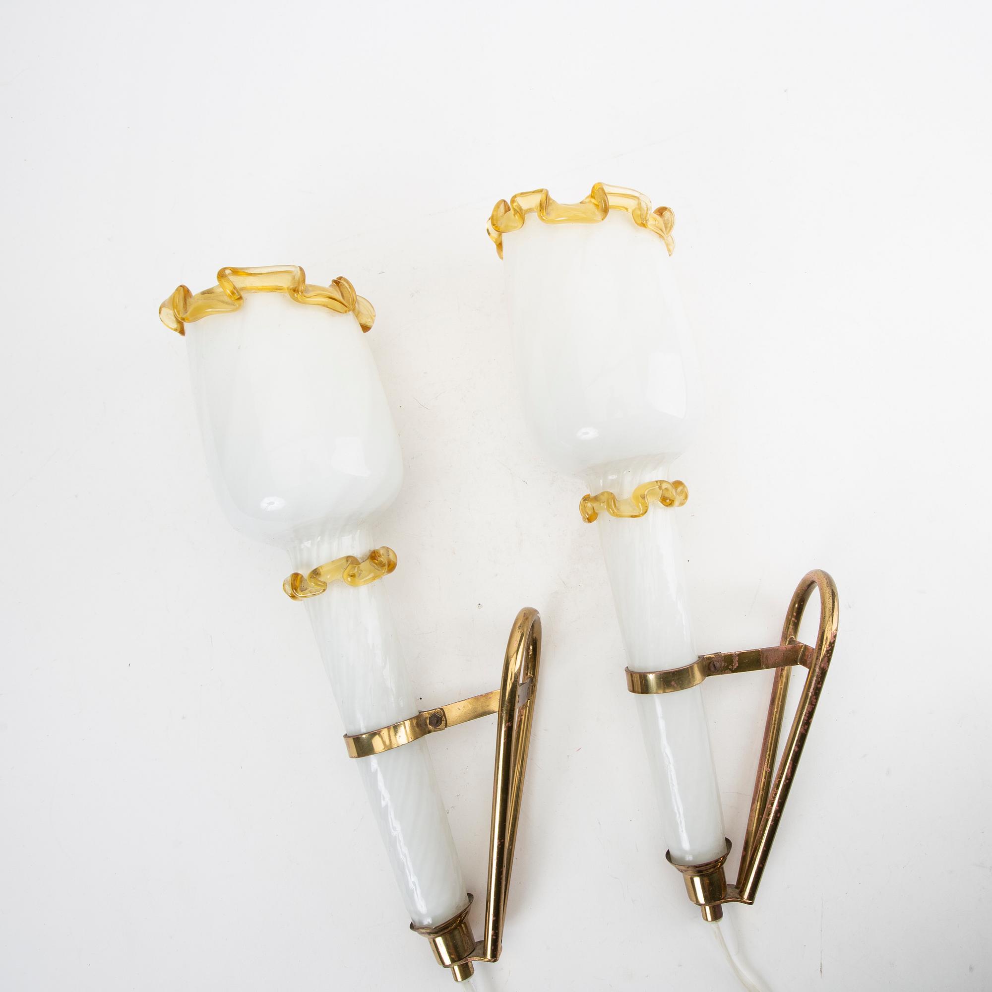 A pair of Murano glass and brass wall scones later part of the 20th century.