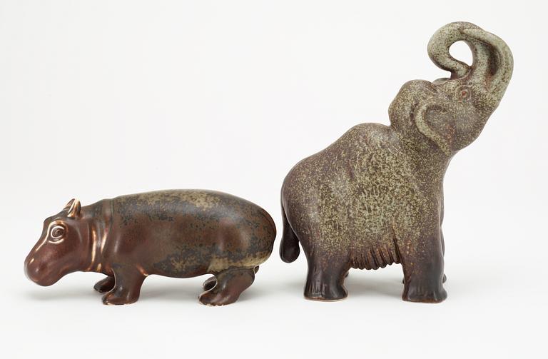 Two Gunnar Nylund stoneware figures, a hippo and a mammoth, Rörstrand.