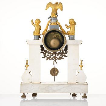 A French Louis XVI ormolu and marble portico mantel clock, late 18th century.